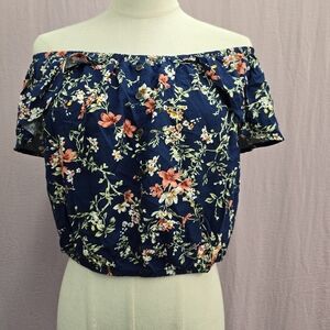 Xhilaration Women's Off the shoulder Bubble Floral Crop Top-Navy, XXL